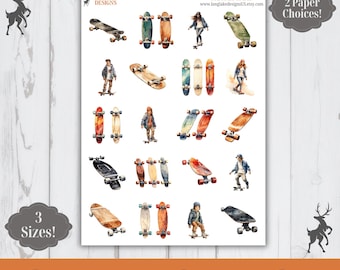 Skateboard Sticker Sheet, 20 Sports Weatherproof Stickers, 3 Sizes, 2 Paper Choices, Option to Laminate