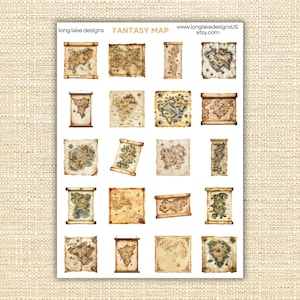 May include: A sheet of fantasy map stickers featuring various designs of aged parchment maps. The maps are in shades of brown, beige, and green, with intricate details. The text "FANTASY MAP" and a website address are visible.
