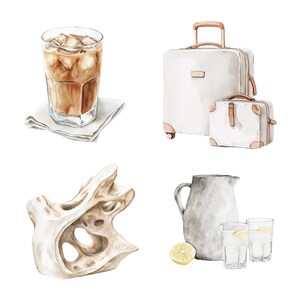 May include: A watercolor illustration of a set of travel items, including a white suitcase with brown handles, a smaller white suitcase with brown handles, a glass of iced coffee, a white ceramic pitcher, two glasses of water with lemon slices, and a white abstract sculpture.
