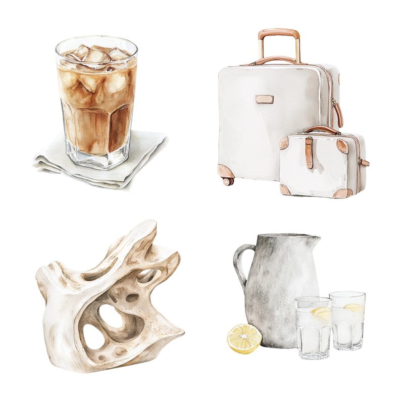 May include: A watercolor illustration of a set of travel items, including a white suitcase with brown handles, a smaller white suitcase with brown handles, a glass of iced coffee, a white ceramic pitcher, two glasses of water with lemon slices, and a white abstract sculpture.