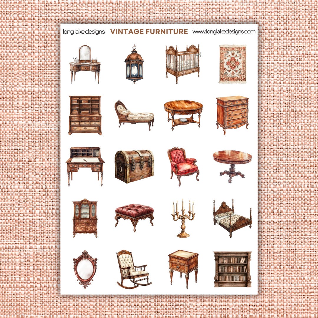 Vintage Furniture Sticker Sheet, Laminated Weatherproof , 20 Classic ...