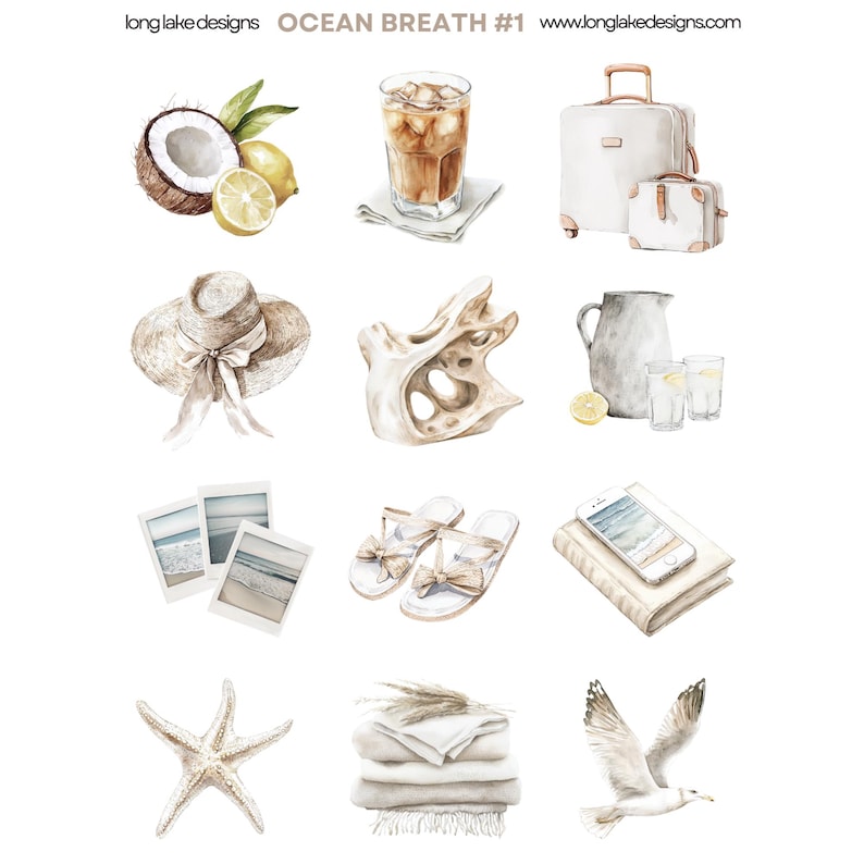 May include: A watercolor illustration of various summer vacation items, including a coconut, lemons, iced tea, a suitcase, a hat, a seashell, a pitcher and glasses of water, a pair of sandals, a phone, a book, a starfish, towels, and a seagull.