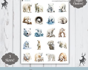 Polar Bear Sticker Sheet, 20 Animal Weatherproof Stickers, 3 Sizes, 2 Paper Choices, Option to Laminate