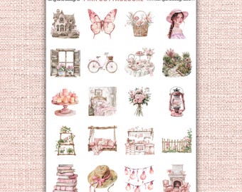 Hoja de pegatinas rosadas de estilo cottagecore: calcomanías artísticas duraderas para planificadores y manualidades, el regalo ideal para los amantes del cottagecore y las almas creativas.