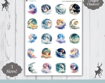 Whimsical Moon Sticker Sheet, 20 Fantasy Weatherproof Stickers, 3 Sizes, 2 Paper Choices, Option to Laminate