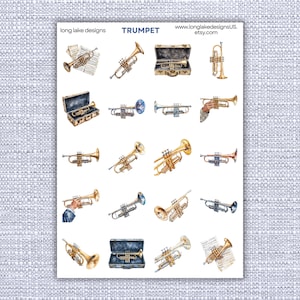 May include: A sheet of stickers featuring watercolor illustrations of trumpets in various styles and arrangements. Some trumpets are in cases, and others are paired with musical notes. The text "TRUMPET" is visible.