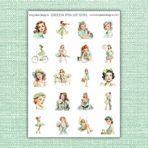 Green Pin Up Girl Sticker Sheet, Large & Small Sizes with 20 Waterproof Stickers, Ideal Artistic Gift for Pin Up Fans