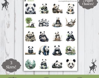 Panda Bear Sticker Sheet, 20 Animal Weatherproof Stickers, 3 Sizes, 2 Paper Choices, Option to Laminate