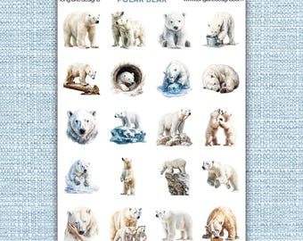 Polar Bear Sticker Sheet, Weatherproof  Laminated 20 Durable Arctic Stickers for Journals, Scrapbooks & Winter Gifts, Animal Stickers