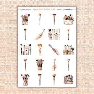Makeup Brushes Sticker Sheet, Waterproof Vinyl Laminated Durable Stickers, Perfect for Planners & Journals, Gift for Beauty Lovers