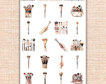 Makeup Brushes Sticker Sheet, Weatherproof  Laminated Durable Stickers, Perfect for Planners & Journals, Gift for Beauty Lovers