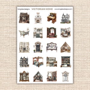 May include: A sheet of stickers with watercolour illustrations of Victorian home elements. The images include a library, fireplace, desk, house, bathtub, kitchen, and more. The text "VICTORIAN HOME" and a website address are visible.