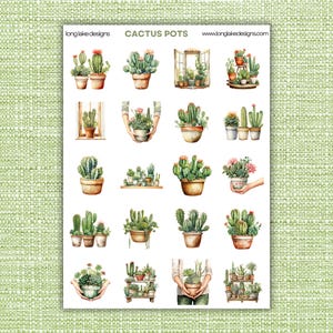 Hoja de pegatinas de cactus en maceta, vinilo impermeable laminado, 20 bonitas pegatinas de plantas para planificadores y álbumes de recortes, regalo perfecto para amantes de la jardinería.