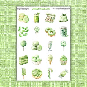 Feuille d'autocollants verts, 20 autocollants en vinyle laminé durable, autocollants décoratifs amusants pour journaux et cadeaux pour les amateurs de sucreries