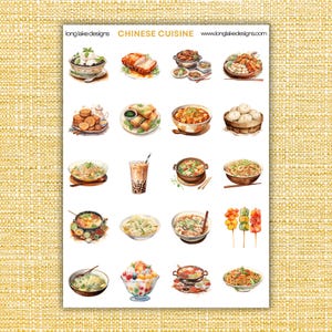 Chinese Cuisine Sticker Sheet, Vibrant Waterproof Vinyl Stickers for Planners and Scrapbooks, Perfect Gift for Food Lovers