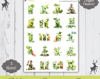 Mojito Sticker Sheet, 20 Cocktail Weatherproof Stickers, 3 Sizes, 2 Paper Choices, Option to Laminate