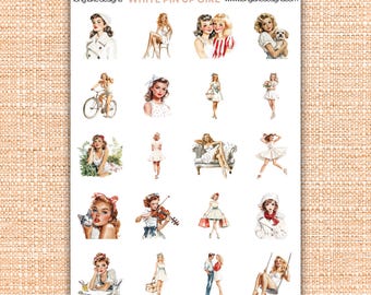 White Pin Up Girl Sticker Sheet, Vintage Weatherproof  Stickers for Scrapbooking & Decor, Perfect Gift for Pinup Lovers