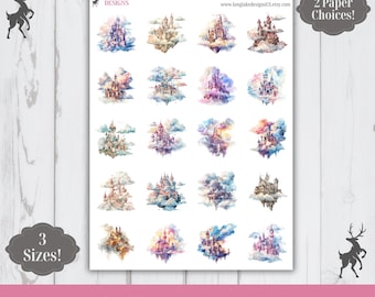 Stickervel 'Castle In The Sky', 20 fantasievolle, weerbestendige stickers, 3 formaten, 2 papiersoorten, mogelijkheid tot lamineren.