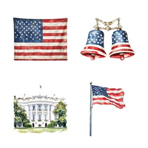 K&ouml;nnte beinhalten: Aquarellillustrationen amerikanischer patriotischer Symbole. Enth&auml;lt eine abgenutzte amerikanische Flagge, zwei Liberty Bells, das Wei&szlig;e Haus und eine wehende amerikanische Flagge an einer Stange. Das Kunstwerk zeigt rote, wei&szlig;e und blaue Farben.