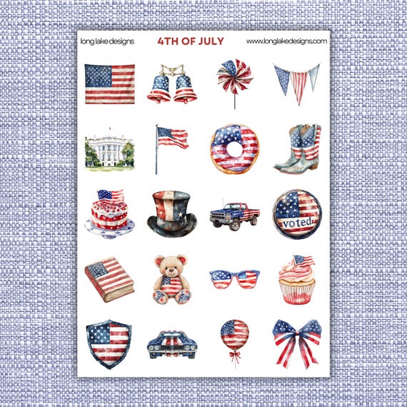 4th Of July Sticker Sheet, 20 Holiday Laminated Weatherproof Stickers