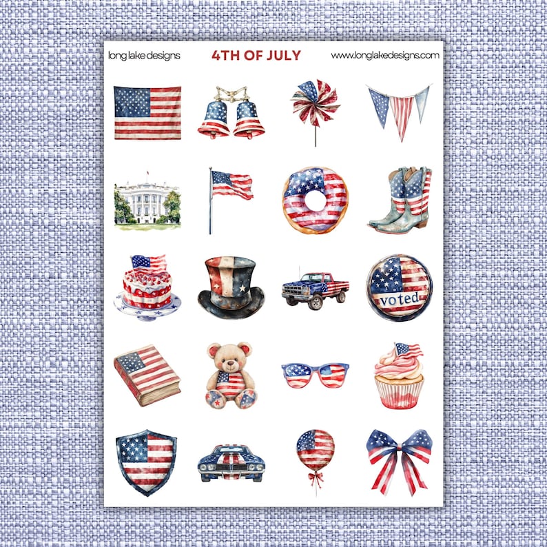 K&ouml;nnte beinhalten: Ein Bogen mit Aquarellaufklebern zum Thema Patriotismus. Die Aufkleber zeigen amerikanische Flaggen, das Wei&szlig;e Haus, einen Donut, Cowboystiefel, einen Teddyb&auml;ren und andere Bilder zum Thema 4. Juli. Der Text "4th of July" steht oben.