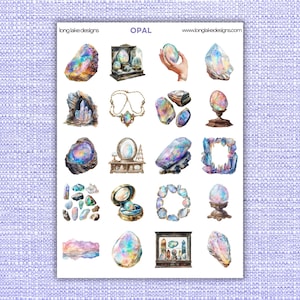 May include: A sheet of stickers featuring various illustrations of opals. The stickers include opals in different shapes and sizes, as well as opals set in jewelry and other decorative objects. The text "OPAL" is printed at the top of the sheet.