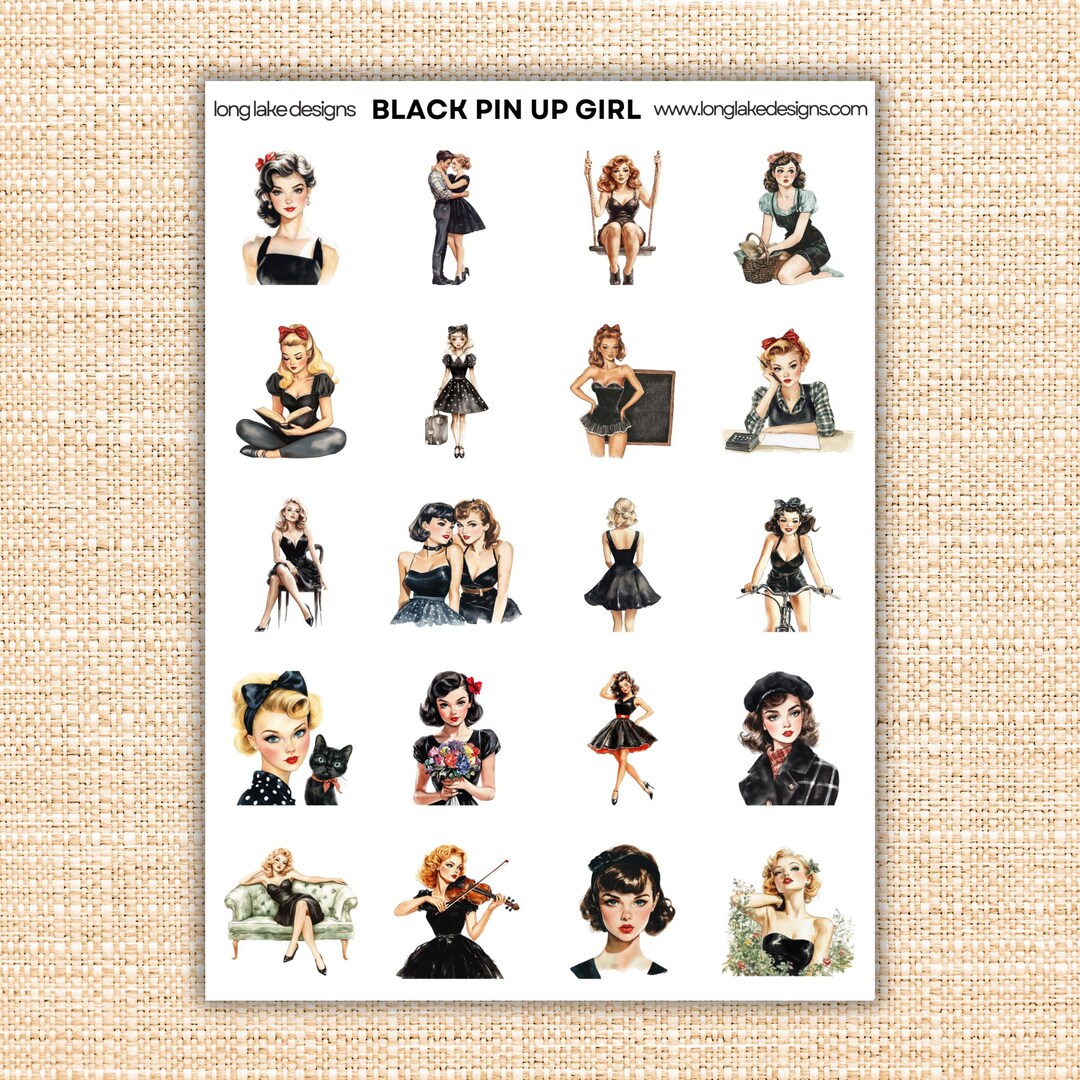 Pin Up Vector Stickers Black Pin up Girl Sticker Sheet, 20 People Laminated Weatherproof ...