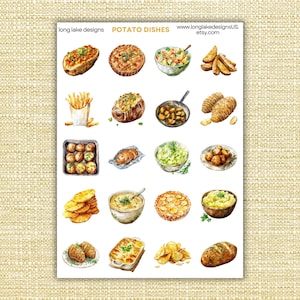 May include: Watercolor illustration of various potato dishes, including baked potatoes, potato salad, french fries, and potato gratin. The image has the text "POTATO DISHES" and the Etsy shop name "long lake designs".
