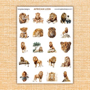 Afrikanischer Löwe-Aufkleber Blatt, haltbare laminierte Vinyl-Aufkleber für Scrapbooking & Decor, Wildtier- und Safari-Liebhaber-Geschenkidee