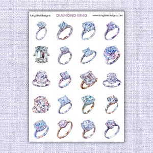 May include: Watercolor illustration of various diamond rings. The rings feature different diamond cuts and settings, including round, emerald, and cushion cuts. The rings are set on silver and gold bands. The text "DIAMOND RING" and the website address are at the top.