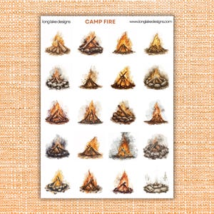 Folha de adesivos para fogueira, vinil laminado à prova d'água, conjunto durável de 20 peças, perfeito para scrapbooking e presentes para entusiastas de atividades ao ar livre