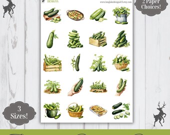 Zucchini Sticker Sheet, 20 Vegetable Weatherproof Stickers, 3 Sizes, 2 Paper Choices, Option to Laminate