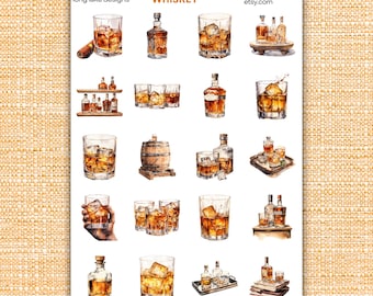 Whiskystickervel, weerbestendig en gelamineerd, 20 handgemaakte stickers voor scrapbooking, feestdecoratie of cadeaus voor whiskyliefhebbers