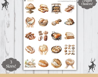 May include: A sticker sheet titled Long Lake Designs Homemade Bread featuring various watercolor illustrations of baked loaves, rolls, and slices of bread, including depictions of bread in baskets, pans, and being held by hands on a white background.