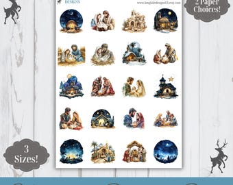 Nativity Scene Sticker Sheet, 20 Christmas Weatherproof Stickers, 3 Sizes, 2 Paper Choices, Option to Laminate