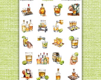 Tequila stickervel, weerbestendig gelamineerd 20 leuke feeststickers, perfect voor planners en cadeaus, stickervel alcohol