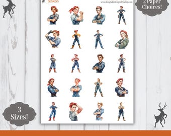 Rosie Riveter Stickerbogen, 20 wetterfeste Motivationssticker, 3 Größen, 2 Papiersorten, Laminieroption