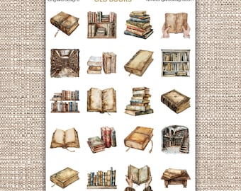 Old Books Sticker Sheet, Vintage Style Laminated Weatherproof Stickers for Journals and Scrapbooks, Perfect Gift for Book Lovers