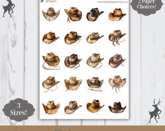 May include: A sticker sheet featuring twenty individual watercolor illustrations of brown cowboy hats in various styles and angles. The sheet includes the text Long Lake Designs, Cowboy Hat, and the URL www.longlakedesignsus.etsy.com.