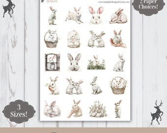 White Bunny Sticker Sheet, 20 Animal Weatherproof Stickers, 3 Sizes, 2 Paper Choices, Option to Laminate