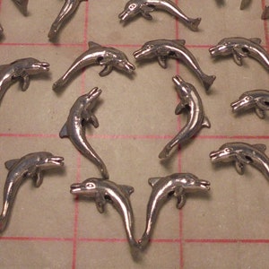 8 Little Dolphin Beads Pendants Dark Silver Metal Reversible 22mm 1&quot; Cute!