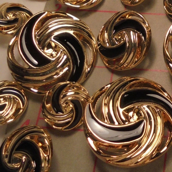 10 Large Buttons Gold and Black Swirl Plastic Shank Buttons Dynamic!   34mm 1-1/4"