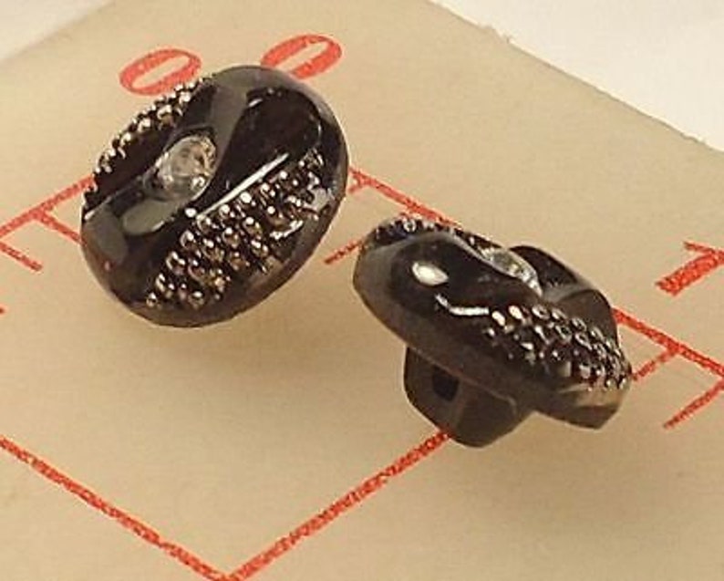 12 Black German Glass 12 Shank Buttons Antique Silver Accent Rhinestone Center Style #987