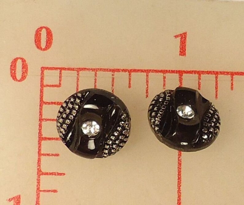 12 Black German Glass 12 Shank Buttons Antique Silver Accent Rhinestone Center Style #987