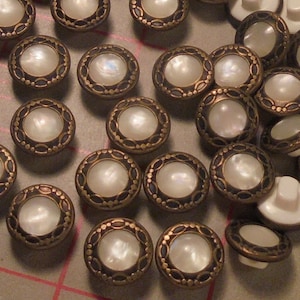 10 Vintage Cute Little Shank Buttons Pearlized White Engraved Metal Rim 1/2"