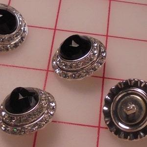 2 Czech Metal Shank Buttons Double Tier Rhinestones and Black Faceted Glass 1"