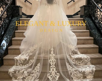 Ivory Two Layer Wedding Veil with Sequins and Gold Trim Gold Lace Cathedral Wedding Veil, Sequins & Beads, Ivory  main image 4