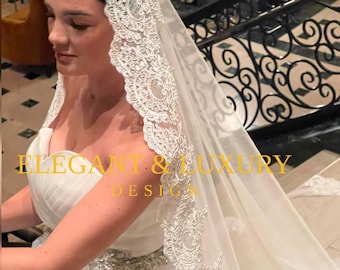 Long Mantilla Wedding Veil: Ivory Lace, Cathedral Style