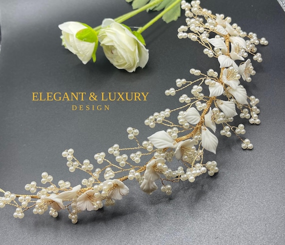 Vintage Pearl Wedding Headband, Floral Bride Hair Vine Tiara  display picture 3