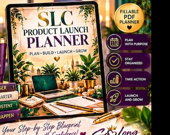 May include: A digital tablet displaying the SLC Product Launch Planner with text reading Plan, Build, Launch, Grow. Beside it are a purple tumbler with Boss Mom Energy text, stacked books, a gold pen, and circular icons for a fillable PDF planner.
